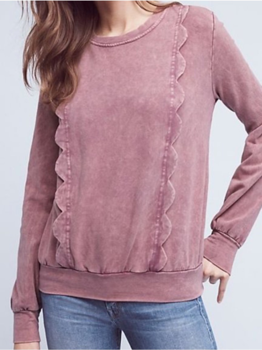 Anthropologie rose pink soft stretchy crewneck Scalloped long sleeve sweatshirt